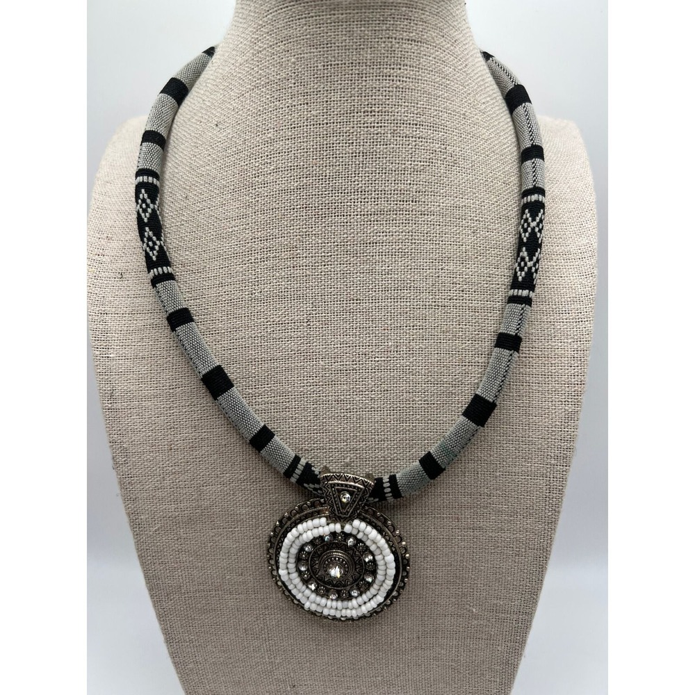 Southwestern Beaded Cord Pendant Necklace Tribal Boho Ethnic Black White Silver